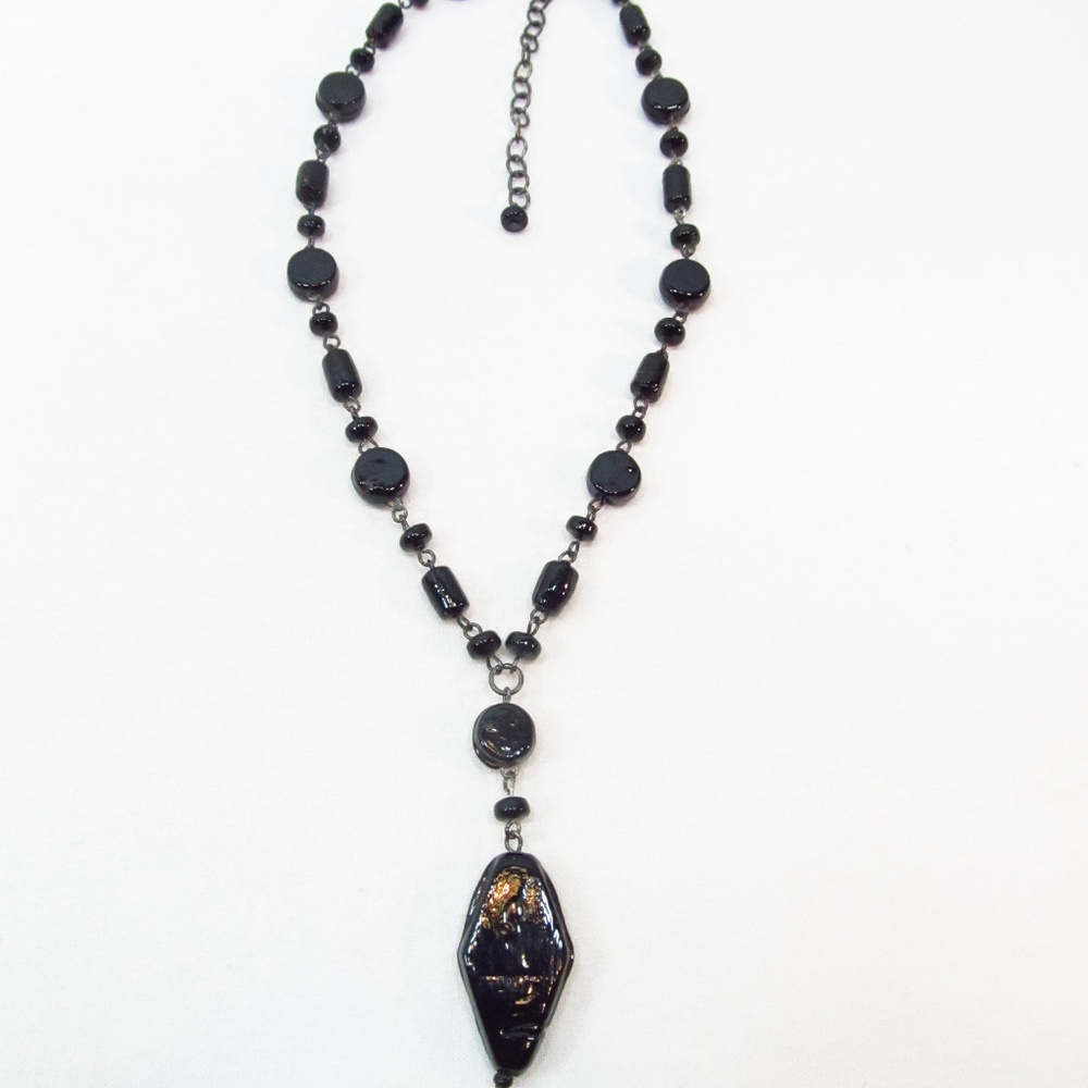 16" Black Glass Beaded Choker Chain Necklace